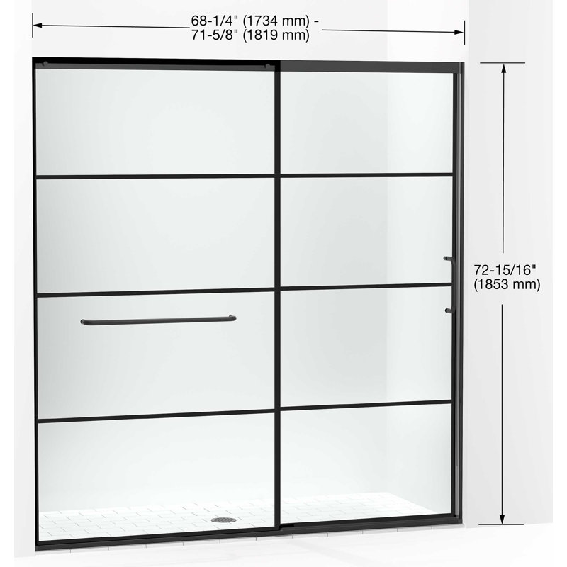 Sliding Shower Door, 75-1/2-In H X 68-1/4 - 71-5/8-In W, Frosted w/Rectangular Grid