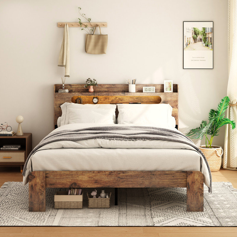 Wood Platform Bed Frame with Storage LED Light Headboard and 2 USB , Noise Free,No Box Spring Needed and Large Under Bed Storage,Dark Brown