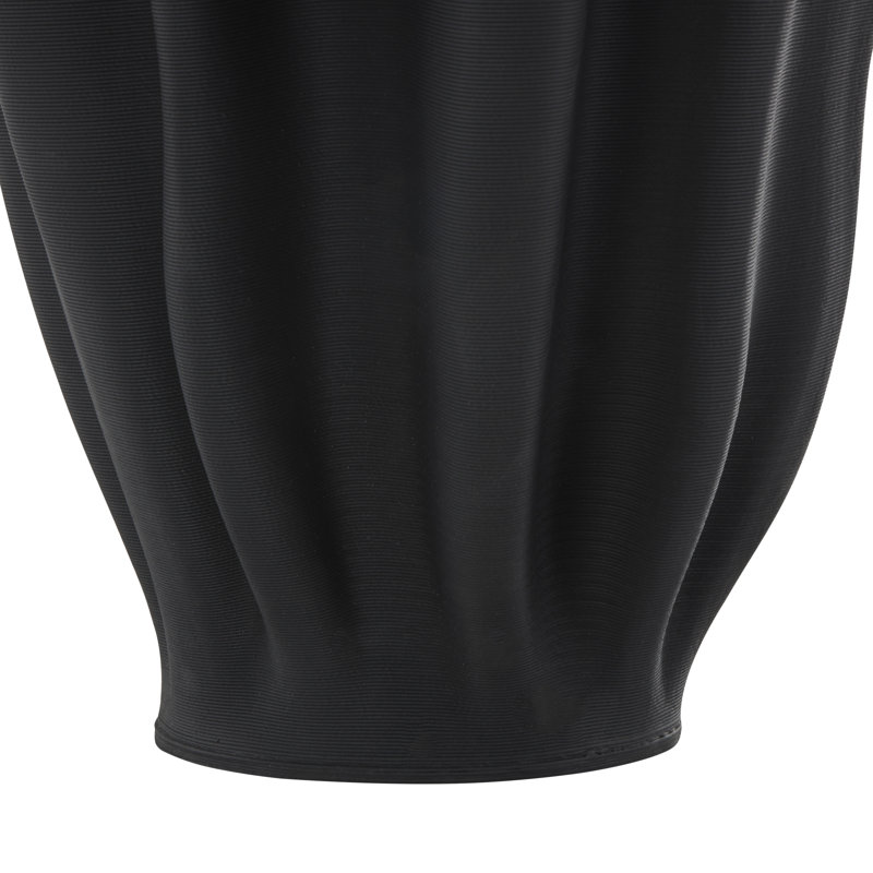 Black Ceramic Abstract Dimensional Ribbed Tulip Decorative Vase with Angular Rim, 10" x 10" x 15"