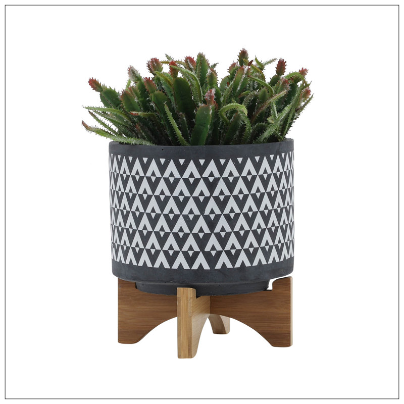 CERAMIC AZTEC PLANTER ON WOODEN STAND, GRAY, 9" H x 8" W x 8" D