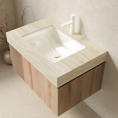 Meuble-lavabo 30 po, tiroir et armoire à portes en contreplaqué flottant, comptoir en pierre frittée, lavabo en céramique, 1 trou de robinet pré-percé, style chêne blanc, assemblé, lavabo à fermeture en douceur, surface,