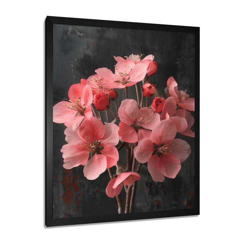 Rose et rose vibrant Bouquet de fleurs de pommier II, H 12 po x l 20 po, Cadre simple noir