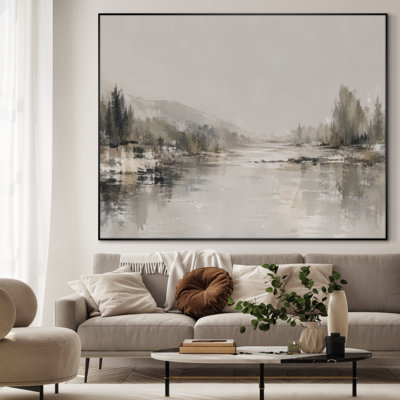 Très grand art mural imprimé sur toile - «Green Lake Abstract Landscape Minimalist», décoration de chambre à coucher