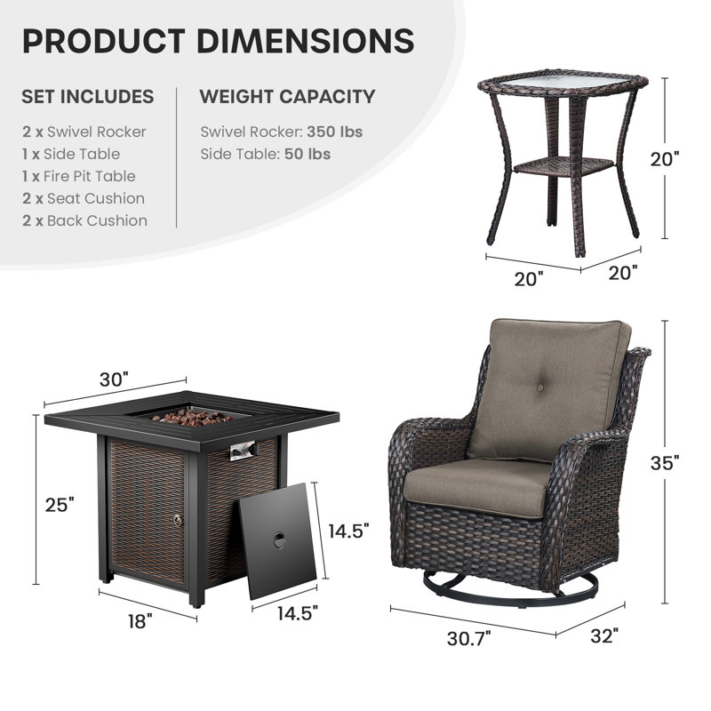 Ensemble de foyer d'extérieur 4 pièces Wendye avec 2 chaises pivotantes et table d'appoint pour patio, terrasse, jardin, Gris