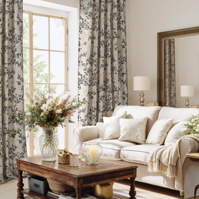  Rideaux en lin à motif floral, toile de lin en coton à motif floral intime avec passe-tringle et languette avec filtrage de la lumière pour le salon, 2 panneaux