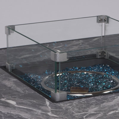 Outdoor Square Propane Ermes With Blue Glass Beads, Rain Cover And Glass Wind Guard