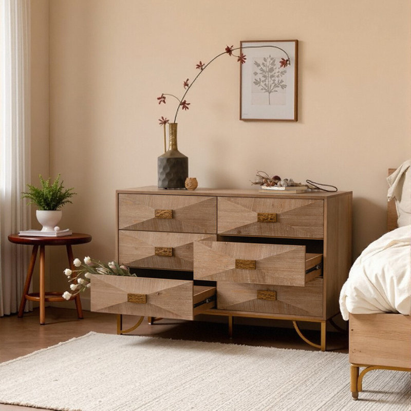 Commode à 6 tiroirs Modern Cannelée - Armoire de rangement en bois massif avec tiroirs coulissants et plateau de table polyvalent