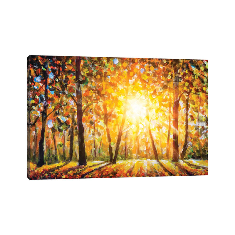 Autumn Forest Landscape With Sun Rays And Colorful Autumn Leaves - Wrapped Canvas Painting