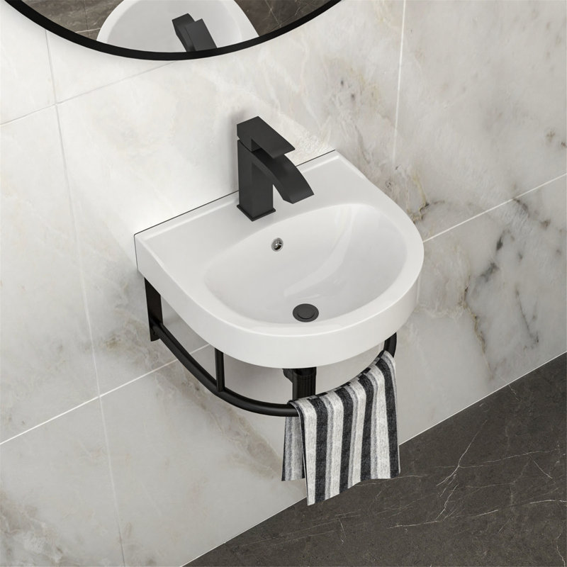 Lavabo de salle de bain mural en céramique avec barre à serviettes et robinet
