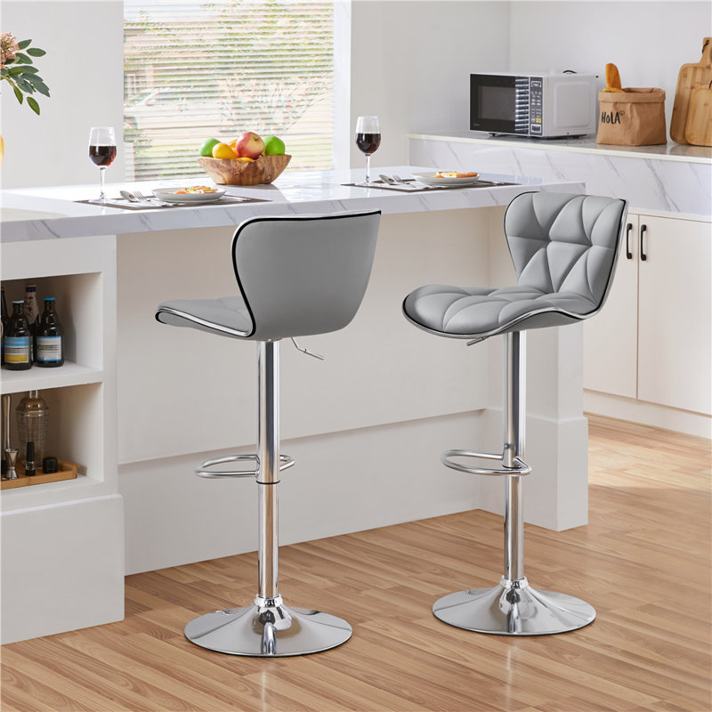 Elna Stylish Adjustable PU Leather Swivel Bar Stool Counter Height Bar Chairs with Large  Base, Light Gray