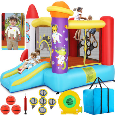 Château gonflable gonflable pour enfants 3-6, château gonflable sur le thème de la fusée avec jeu de lancer de balles, jeu d'astronaute animal, glissade et souffleur, rebord de basketball, intérieur pour tout-petits