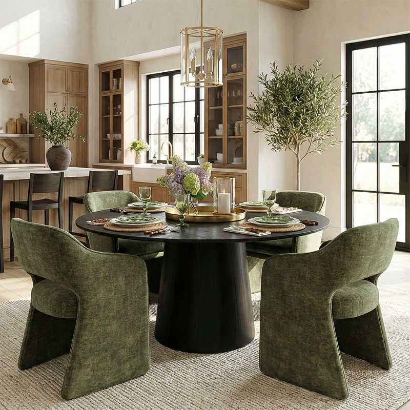 Ensemble de table de salle à manger pour 4 personnes avec table ronde et 4 chaises rembourrées, Vert olive, Noir