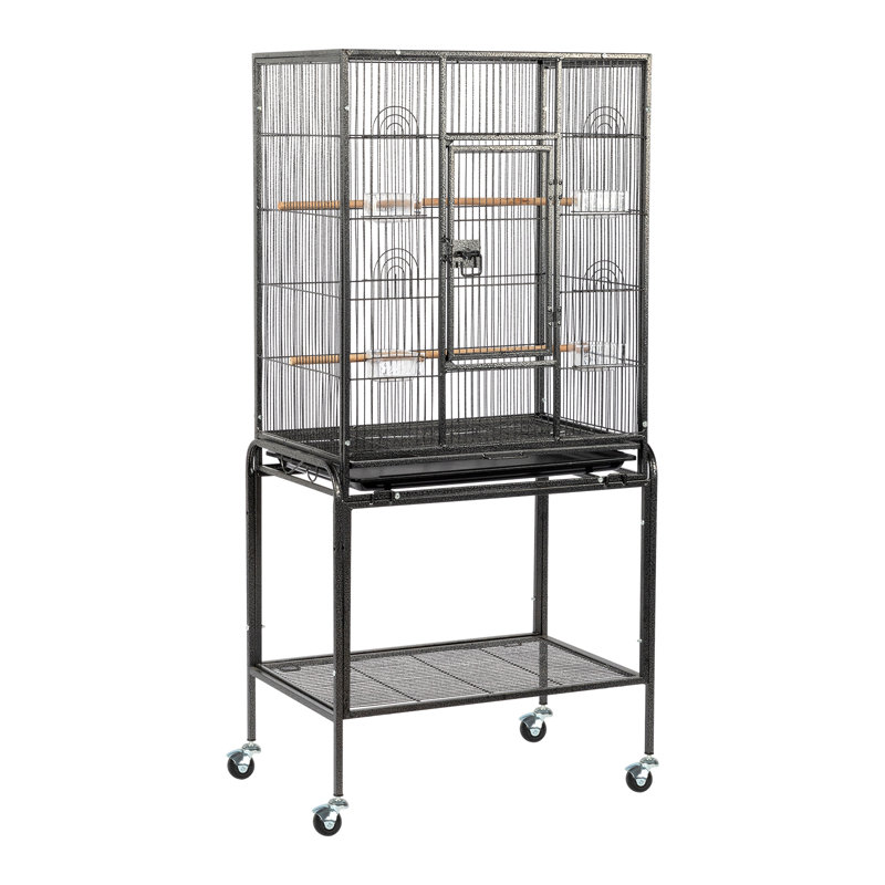 53" Black Iron Flight Bird Cage with Rolling Stand and Storage Shelf