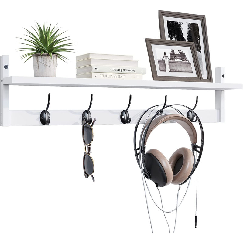 Solid Wood Wall 5 - Hook Wall Mounted Coat Rack, White