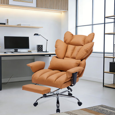 Grande et grande chaise de bureau, fauteuil de bureau ergonomique en cuir de polyuréthane extra large de 60 cm avec repose-pieds, appui-tête, accoudoirs et soutien lombaire, chaises pour ordinateur de bureau pivotantes confortables et confortables avec charge de 180 kg - Jaune