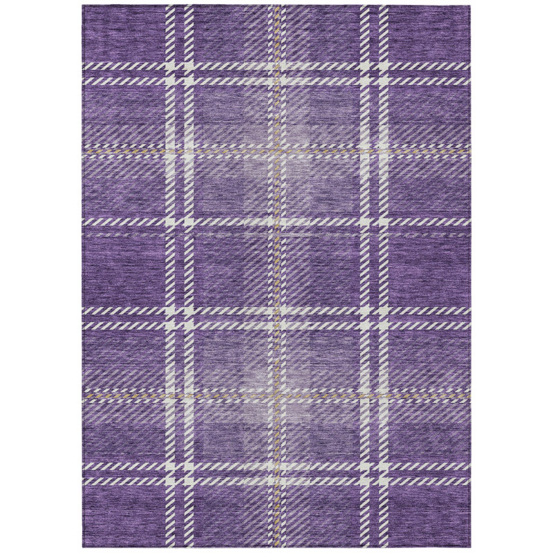 3' X 5' Purple Gold And Ivory Plaid Washable Indoor Outdoor Area Rug