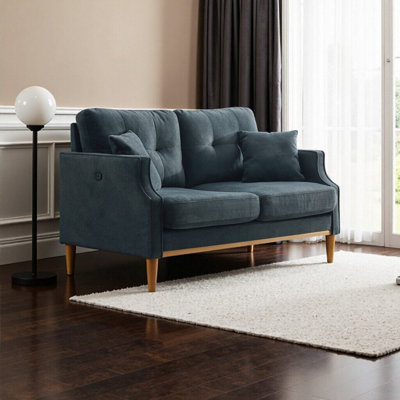 Elegant 2-Seater Loveseat for Living Room, Bedroom & Office - Dark Blue Waterproof Fabric with USB Charging Port & Plush Pillows