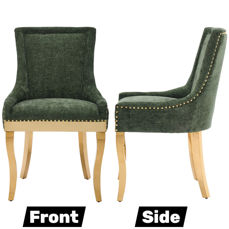 Thickened Fabric Upholstered Wooden Nailhead Dining Chair, Green, 2, Gold
