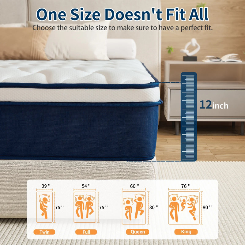 Matelas hybride 12 po en mousse viscoélastique gélifiée mi-ferme de taille moyenne Certifié CertiPUR, Lit double, 12"
