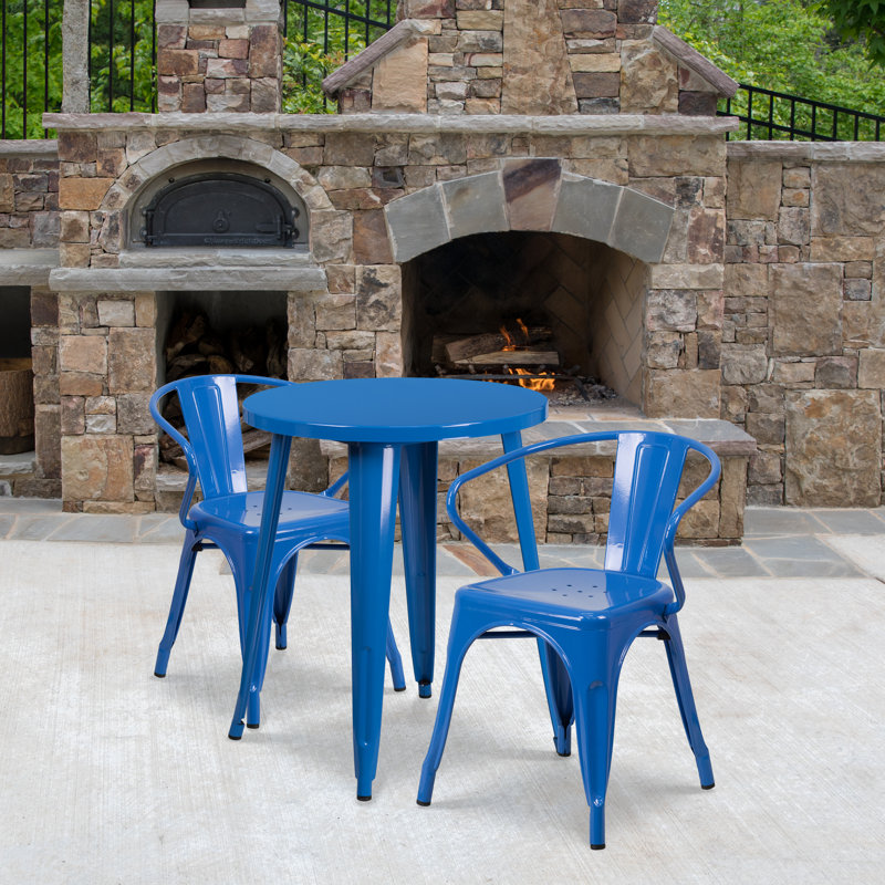 Duluth 30'' Round Metal Indoor-Outdoor Table Set with 2 Arm Chairs, Blue, 29.50" H x 30" W x 30" L