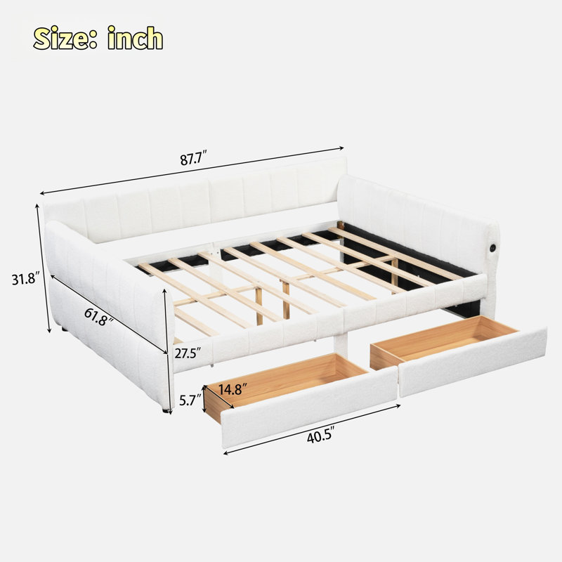 Élégant lit plateforme tapissier avec ports USB et 2 tiroirs, Blanc