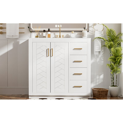 36-inch Bathroom Vanity With Ceramic Sink, Solid Wood And , Smooth Drawer Slide, Hinges, Ample Storage, White Finish, Modern Style, Easy Assembly Storage Cabinet Frame, Boards, Three Drawers, Doors,