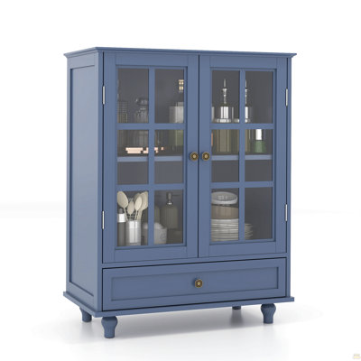 Minimalist Blue Buffet Cabinet with Double Glass Doors and Drawer, Modern Wooden Storage Sideboard Cupboard for Living room, Dining Room Hallway Entryway(Vintage Blue)