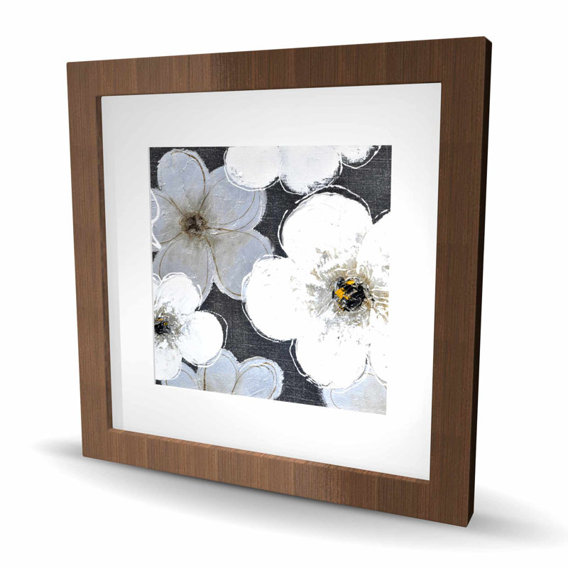 Fleurs grises - reproduction botanique contemporaine encadrée pour la décoration, Brun, H 16 po x l 16 po