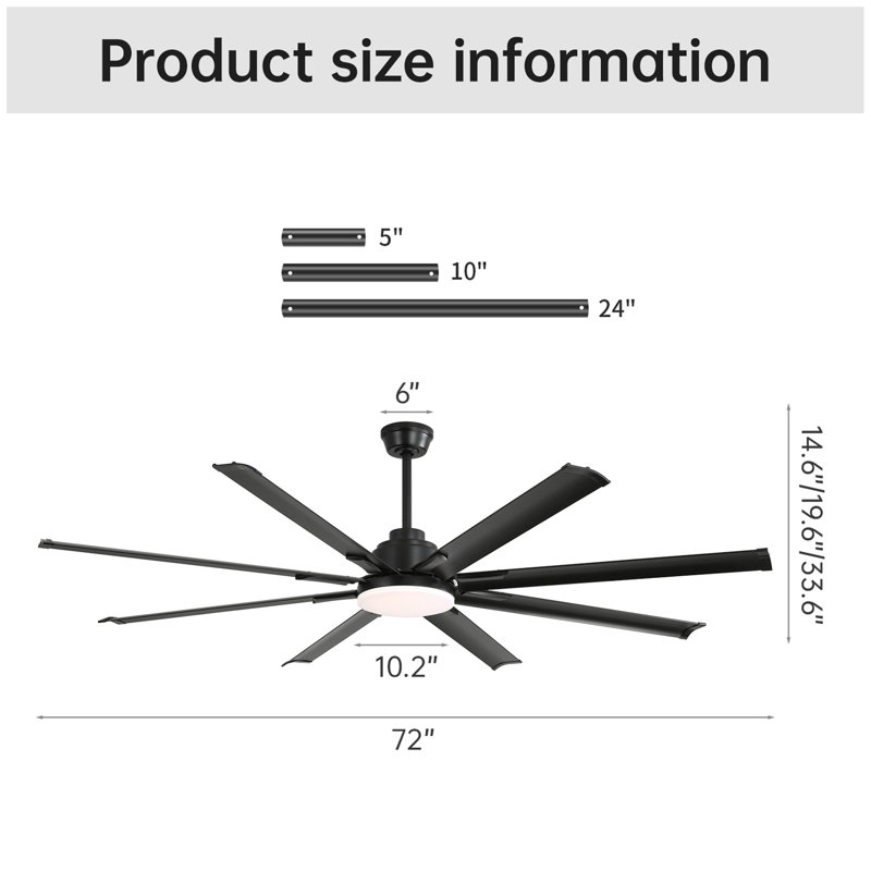 Grands ventilateurs de plafond modernes avec télécommande intelligente et 8 pales pour le salon, 72 po de largeur