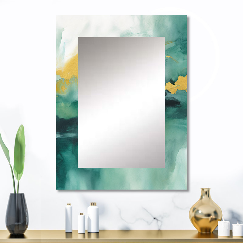 «Blue Watercolor Impression with Gold III - Fractals», miroir mural unique, impression sur métal, 32 po x 24 po