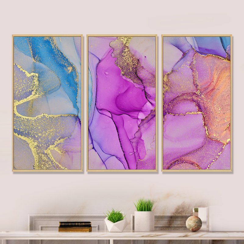 Encre de marbre bleue et mauve abstraite II, impression sur toile flottante 3 pièces, Cadre brun, H 32 po x l 48 po x P 1 po