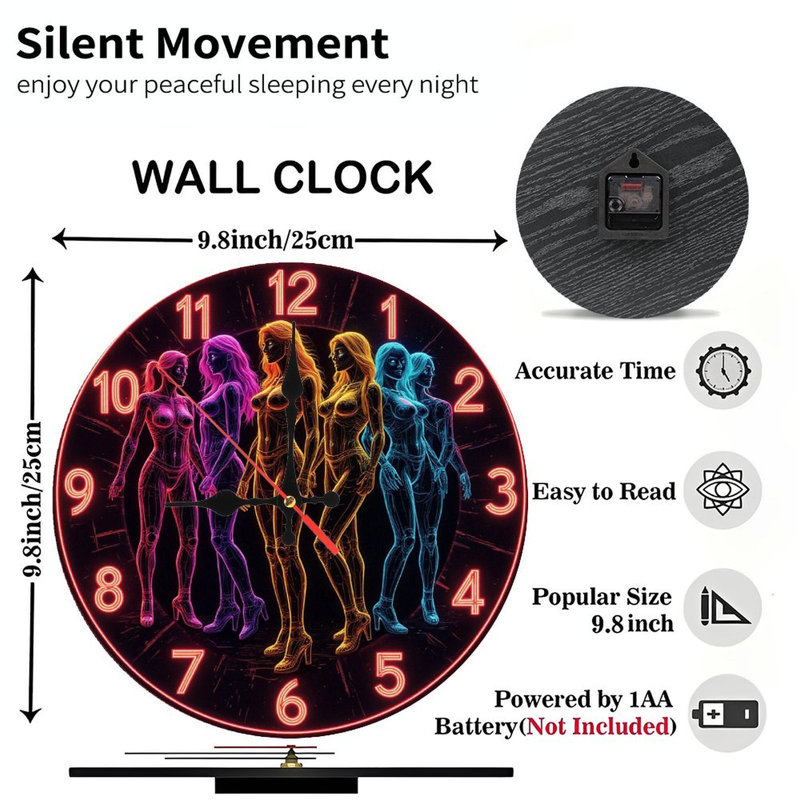Affichage artistique de silhouettes féminines néon sur horloge