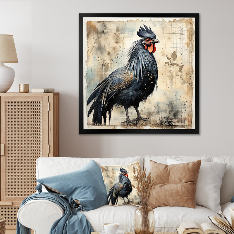 Art mural rétro, coq majestueux I, H 16 po x l 16 po x P 1 po, Cadre flottant doré