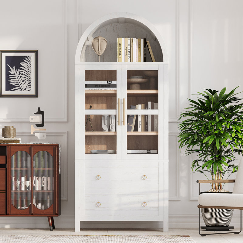 71" Tall Arched Kitchen Pantry Cabinet With 2 Large Drawers, Modern Farmhouse Kitchen Storage Cabinets With Adjustable Shelves, Glass Door, Wood Versatile Cupboard For Kitchens, Dining Room