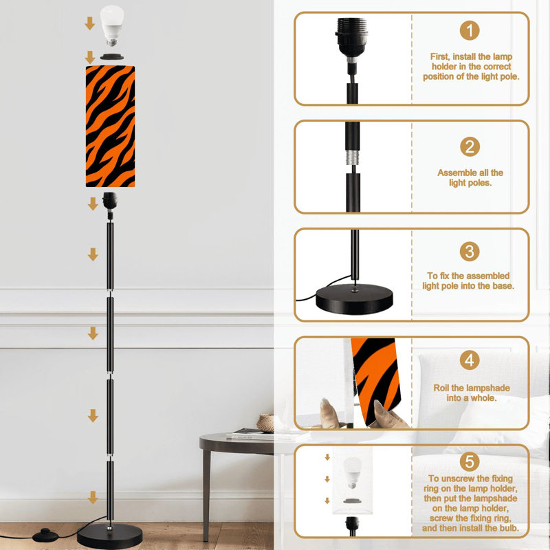 Lampe sur pied en peau de bête à rayures de tigre à lignes abstraites avec tissu à imprimé zébré et étonnant Lampe sur pied moderne avec télécommande et interrupteur au pied avec ampoule et abat-jour