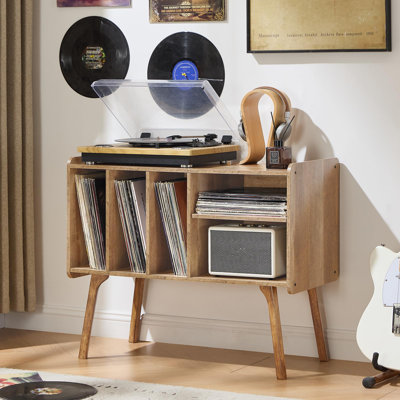 Meuble pour platine vinyle 31,6 pouces avec 4 compartiments, rangement pour vinyles et tablette ajustable