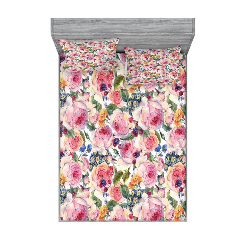 Microfiber Floral Sheet Set, Queen Sheet Set with 2 Pillowcases