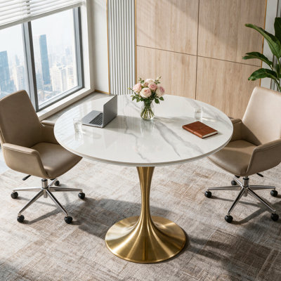 Petite table de conférence ronde, table de réunion de 89 cm (35 pouces) en pierre frittée avec pied central doré brossé, idéale pour les bureaux et les salles de réunion.