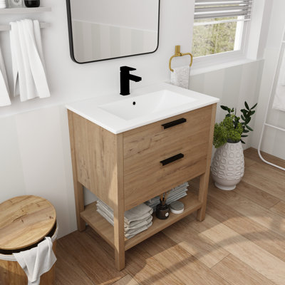 Armoire de salle de bain autoportante 30 po avec 2 tiroirs, fermeture en douceur, poignée en métal, meuble-lavabo 30 po, contreplaqué - Potentiel de meuble