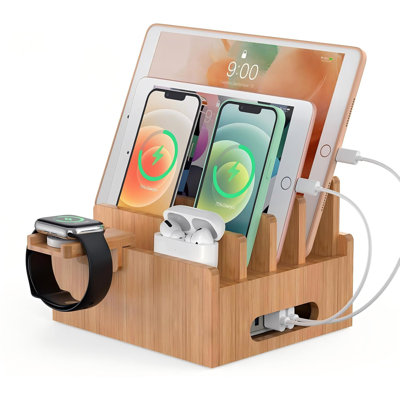 Cell Phone Charging Stations, Bamboo Dock Organizer,With Pack 5 Cables,Dock Rack +Cables