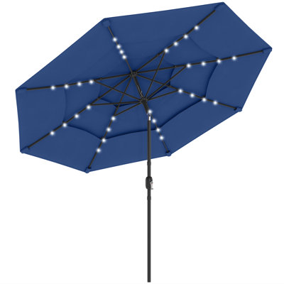 9.7 ft Outdoor Patio Umbrella with Solar LED Lights, 3 Tier Outdoor Table Umbrella with Tilt, Crank, Navy Blue