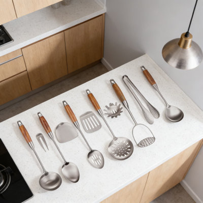 12-Piece Stainless Steel Kitchen Utensil Set With Wooden Handle, Professional Heat Resistant Cooking Tools Including Spatula, Ladle, Skimmer, Spaghetti Spoon, Tongs, And Potato Masher