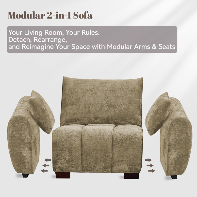 Causeuse en chenille de 81,5 po, canapé modulaire 2 places à assise profonde, accoudoirs et repose-pieds amovibles, pieds en bois massif, canapé de style Mid-Century moderne pour le salon, la chambre à coucher et l’appartement