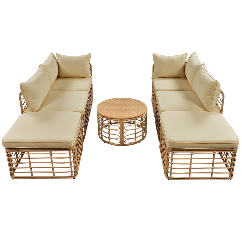 Ensemble de canapé modulaire en rotin 7 pièces toutes saisons, meubles de conversation librement combinés avec coussins et coussins épais pour le jardin, la cour et le balcon, brun