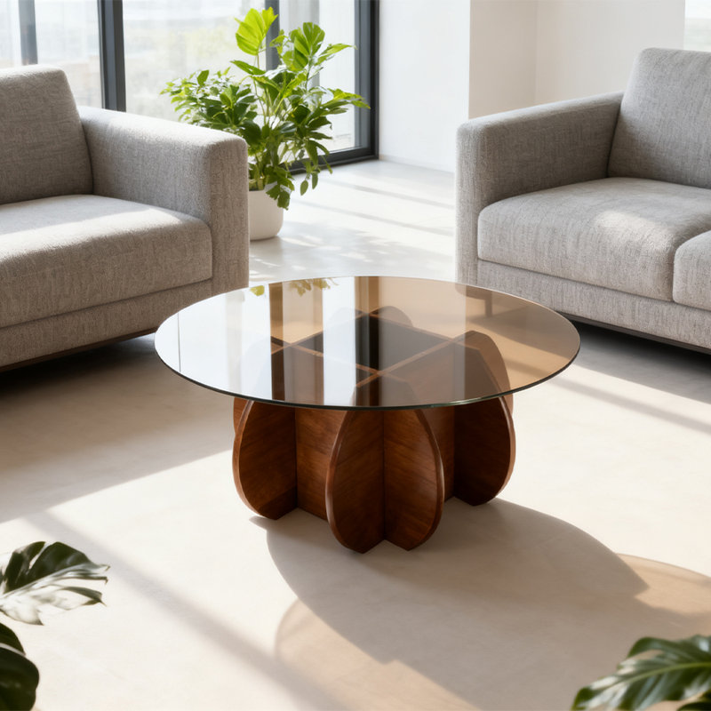 Table basse d'inspiration art contemporain avec base géométrique
