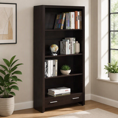 Maureen Cappuccino 5-Shelf Bookcase with Drawer