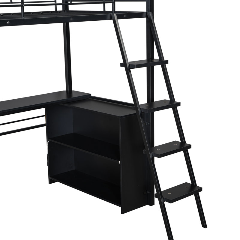 Lit mezzanine noir simple avec bureau à DEL, bureau en métal polyvalent et élégant, solution de rangement pour les petites pièces