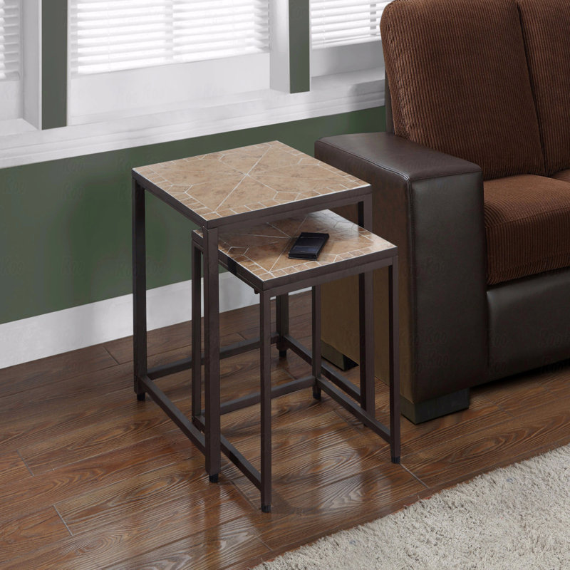 Table gigogne, ensemble de 2, côté, bout, métal, accent, carrelage brun, métal, transitionnel