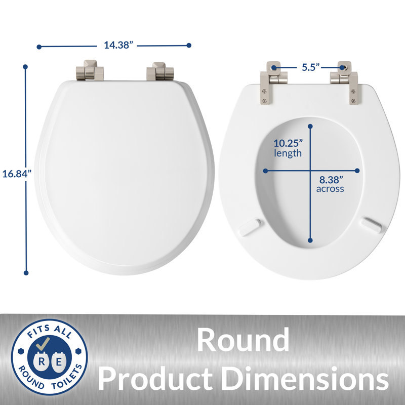 Bennett Round Toilet Seat, Slow Close Wood Seat, Secure Metal Hinges, Easy Install, Brushed Nickel