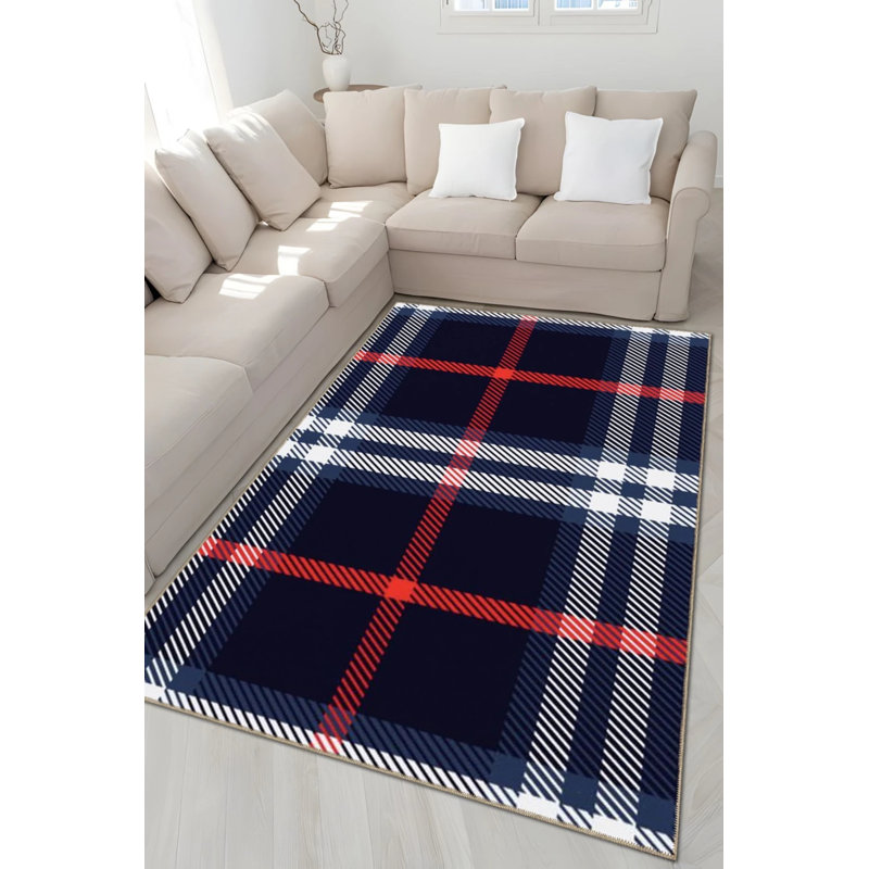 Tapis décoratif moderne à motif géométrique rayé bleu marine, Rond 5 pi